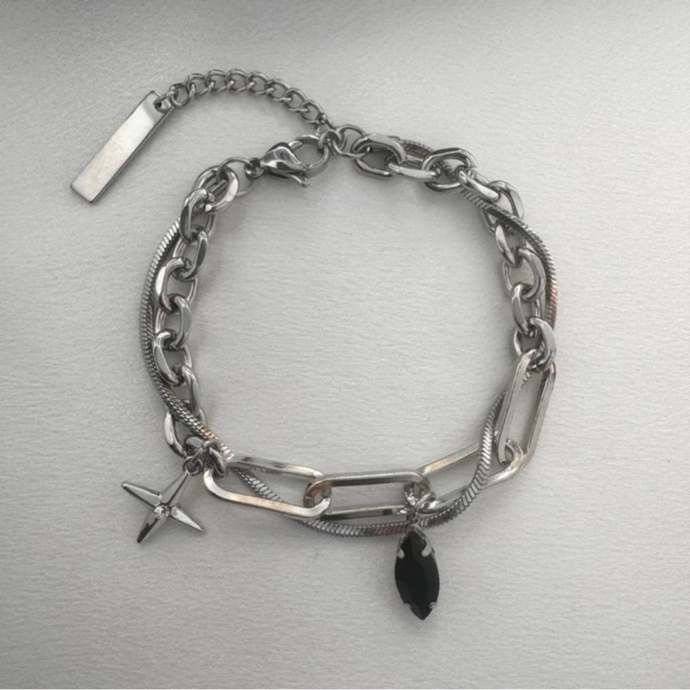 Silver Chain Bracelet with Black Charm